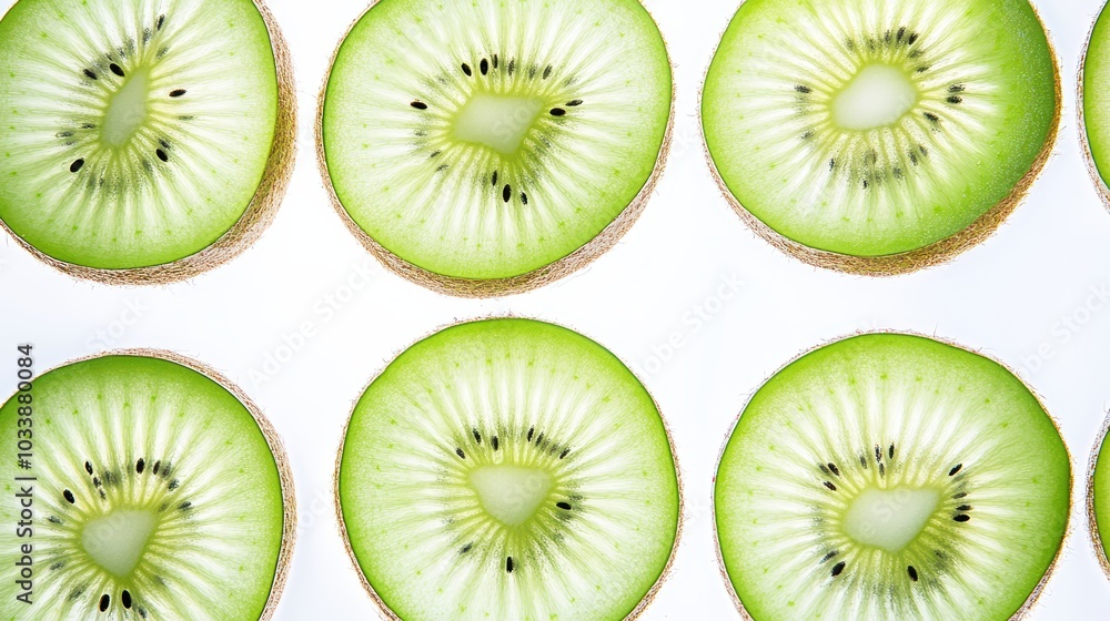 Fototapeta premium Fresh kiwi slices arranged neatly, showcasing vibrant green color and unique texture, perfect for healthy food photography.