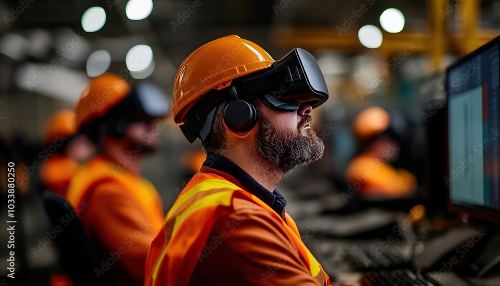 Workers in safety gear using virtual reality technology for training in an industrial setting. Workers in safety gear using virtual reality technology for training in an industrial setting.