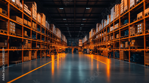 A classic warehouse interior with high ceilings, large storage racks