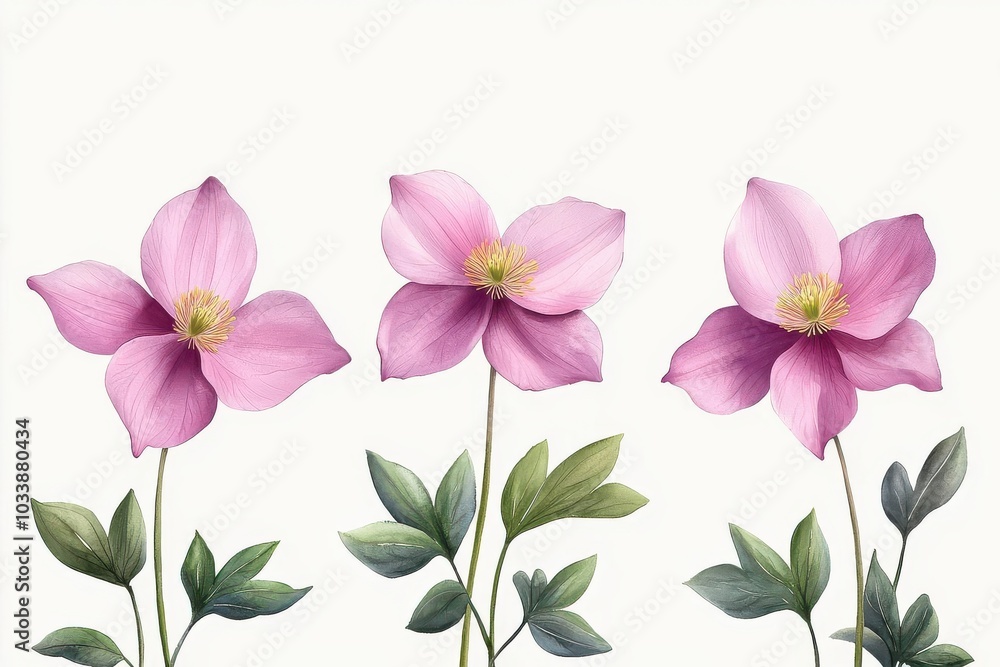 Delicate watercolor columbines in soft pinks and purples, arranged gently on a light gray background, seamless design Delicate watercolor columbines in soft pinks and purples, arranged gently on a light gray background, seamless design