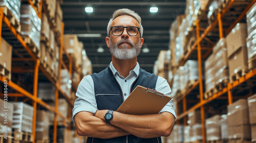 A warehouse manager overseeing operations with a clipboard A warehouse manager overseeing operations with a clipboard