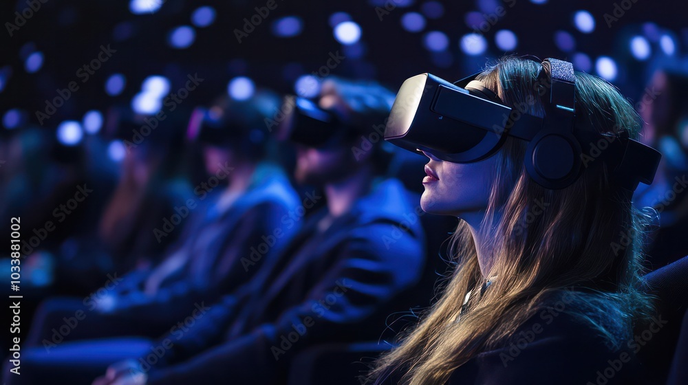 The room is dimly lit and the people are all wearing headsets The room is dimly lit and the people are all wearing headsets