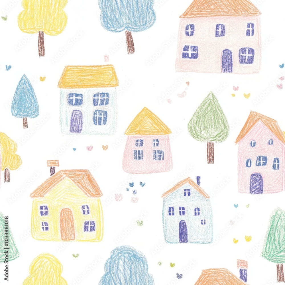 Naklejka premium Colorful Hand-Drawn Houses and Trees Pattern