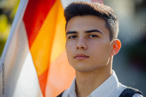 A young man with a focused expression stands against the bold orange and white flag, embodying confidence, determination, and a revolutionary mindset. photo