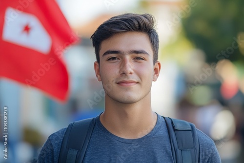 A young man wearing a dark shirt stands before a blurred red flag, embodying a blend of confidence and curiosity in an outdoor setting with neutral expressions. photo