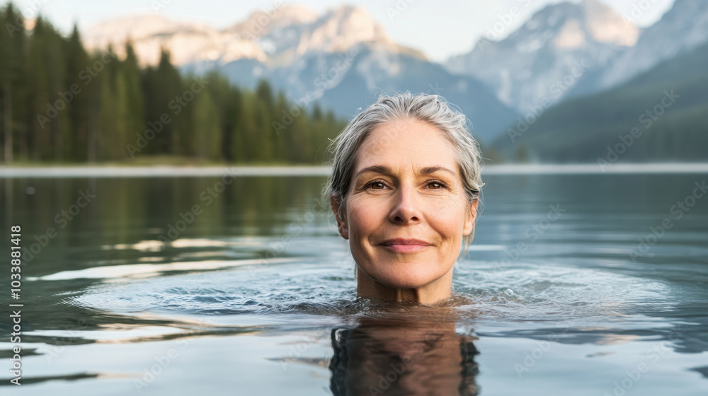 Fototapeta premium Serene Mature Woman Enjoying Refreshing Swim in Mountain Lake