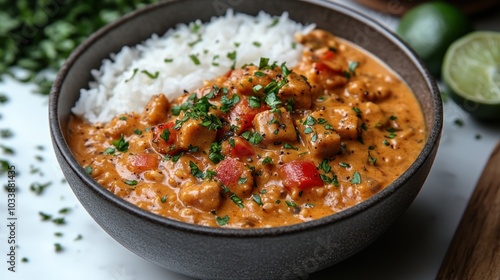 A bowl of creamy chicken curry served with rice and garnished.