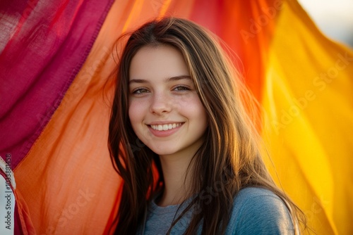 A young woman with long hair and a radiant smile posing amid vivid fabrics fluttering in the background, projecting warmth and comfort in a sunlit setting.