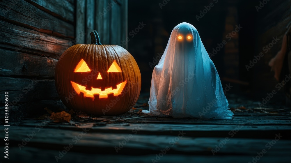 Scary halloween ghost and carved pumkins glowing in dark, Halloween holiday celebration Scary halloween ghost and carved pumkins glowing in dark, Halloween holiday celebration