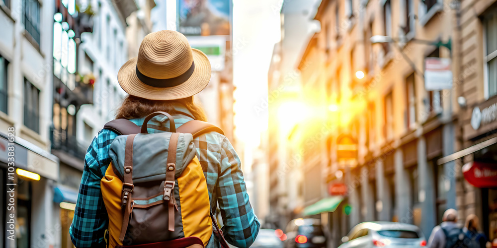 Solo Traveler Capturing the Pulse of a Bustling City Street with Ample Copy Space for Adventure-Filled Photo Stock Concept Solo Traveler Capturing the Pulse of a Bustling City Street with Ample Copy Space for Adventure-Filled Photo Stock Concept