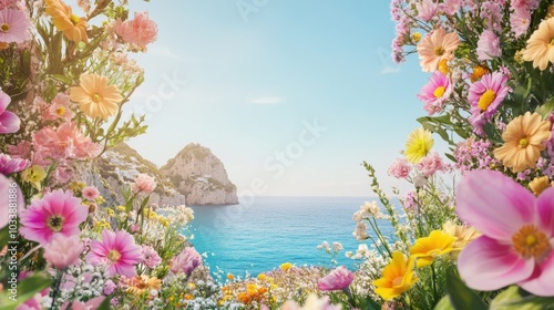 Blooming Coastal Flowers Overlooking Serene Turquoise Sea