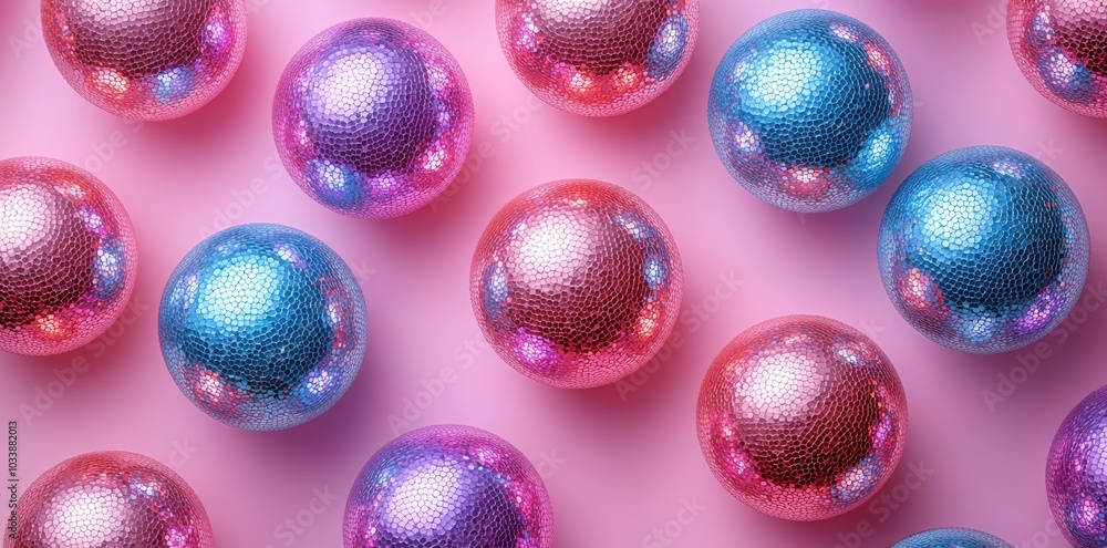 On a pink background, seamless pattern with mirrored disco balls. Image toned in 2023 color. On a pink background, seamless pattern with mirrored disco balls. Image toned in 2023 color.