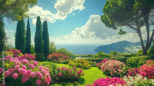Idyllic Mediterranean Garden Overlooking Sea