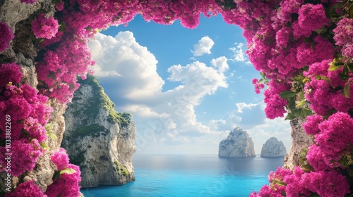 Enchanting Seaside Floral Cave Entrance with Pristine Ocean View