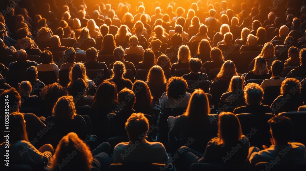 Obraz premium A large crowd of people are sitting in a theater