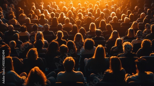 A large crowd of people are sitting in a theater