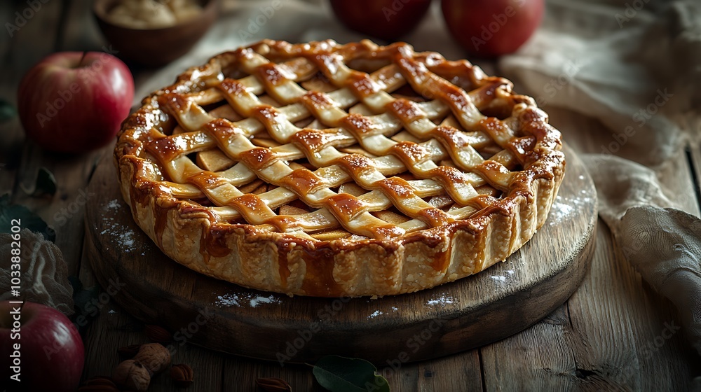 A rustic scene with a freshly baked apple pie, featuring a golden lattice crust and a caramel drizzle, placed on a wooden board. The warm lighting highlights the rich textures, A rustic scene with a freshly baked apple pie, featuring a golden lattice crust and a caramel drizzle, placed on a wooden board. The warm lighting highlights the rich textures,