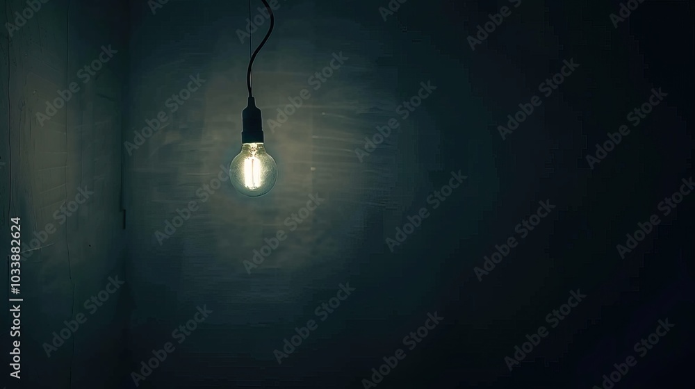 Dark empty room with single flickering light bulb casting long shadows, emphasizing absence of power and eerie atmosphere, minimalist setting with focus on light bulb's glow. Dark empty room with single flickering light bulb casting long shadows, emphasizing absence of power and eerie atmosphere, minimalist setting with focus on light bulb's glow.