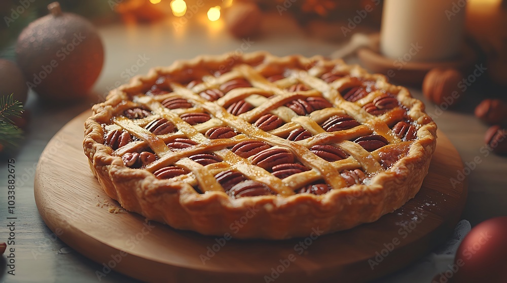 A rustic scene with a freshly baked pecan pie featuring a golden lattice crust, placed on a wooden board. Soft warm lighting emphasizes the crisp texture of the crust and the glossy pecans,