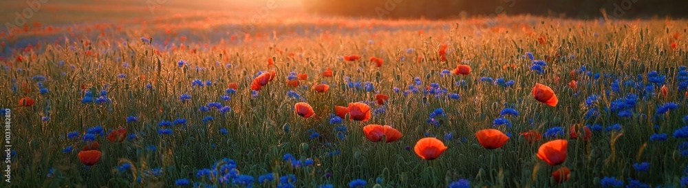 Fototapeta premium Poppy and cornflower fields in the setting sun