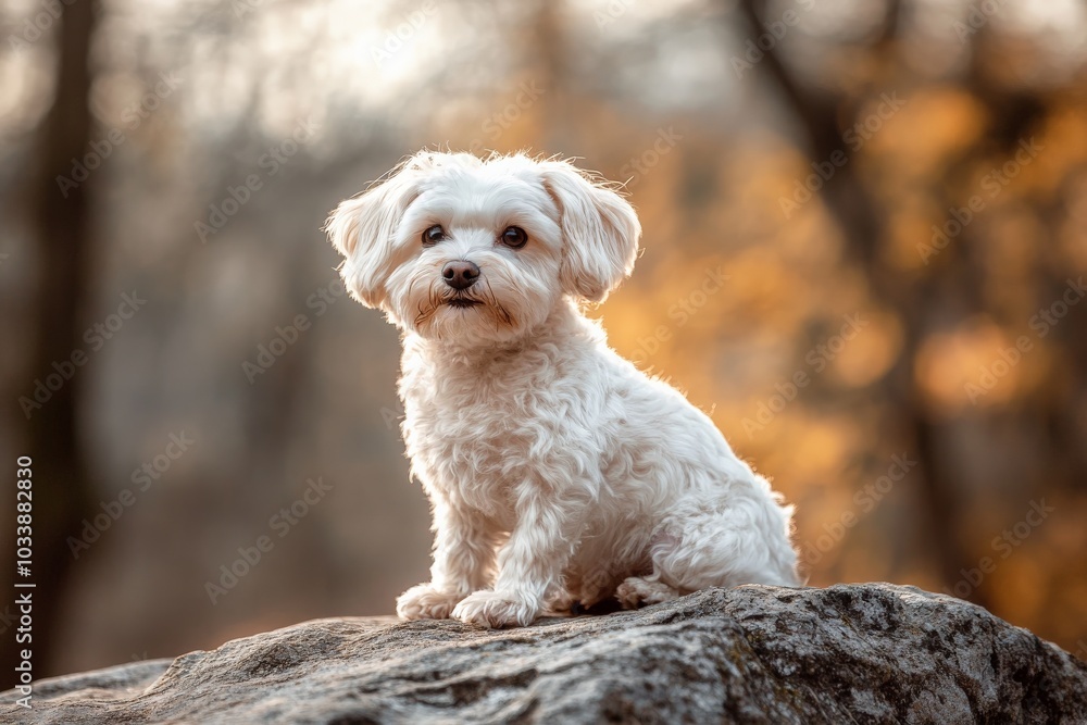 A charming image of a small, fluffy white dog sitting on a rock, basking in the warm hues of golden hour lighting, capturing a moment of beauty and serenity. A charming image of a small, fluffy white dog sitting on a rock, basking in the warm hues of golden hour lighting, capturing a moment of beauty and serenity.