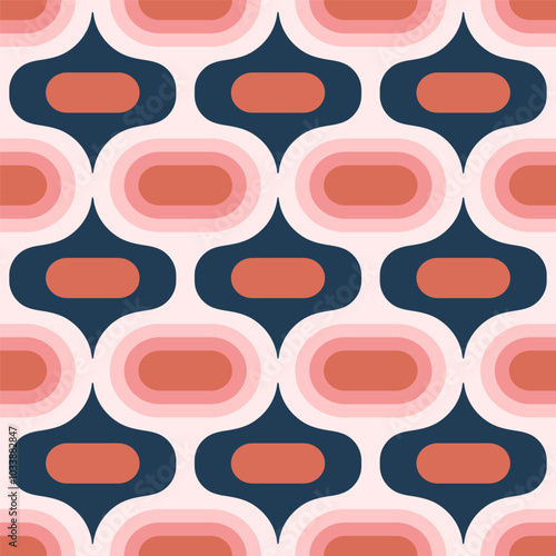 Retro Atomic ogee ovals salmon pink navy Vector Pattern. Mid-century modern style Atomic capsules pink blue seamless pattern.