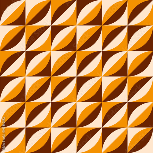 Autumn retro mod leaves mosaic brown yellow Vector Pattern. Midcentury geometric petals checkered diagonal seamless pattern.