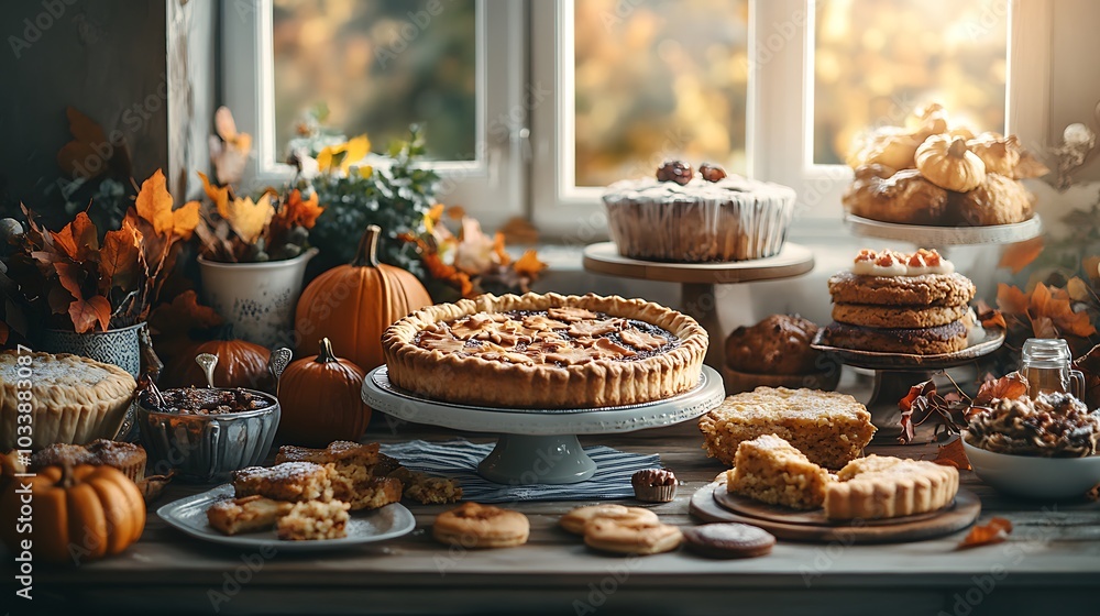 A rustic Thanksgiving dessert table filled with pies, cakes, and cookies, adorned with autumn leaves and pumpkins. Soft evening light casts a warm glow over the table, A rustic Thanksgiving dessert table filled with pies, cakes, and cookies, adorned with autumn leaves and pumpkins. Soft evening light casts a warm glow over the table,