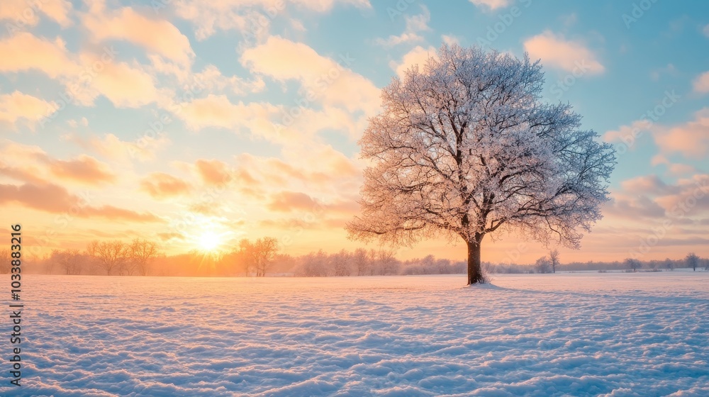 Over a snow-covered field, a beautiful winter sunrise greets you Over a snow-covered field, a beautiful winter sunrise greets you