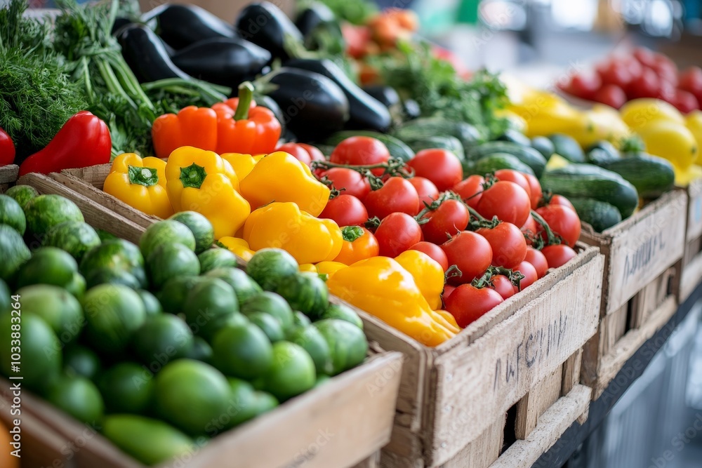 Various colorful vegetables, including peppers and tomatoes, are neatly organized on a wooden stand at a lively market, depicting a vibrant, bustling atmosphere. Various colorful vegetables, including peppers and tomatoes, are neatly organized on a wooden stand at a lively market, depicting a vibrant, bustling atmosphere.
