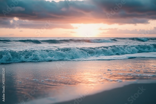 Waves are gently rolling onto a sandy beach under a vibrant sunset sky, creating a picturesque scene of natural beauty and tranquility with a soothing ocean ambiance.