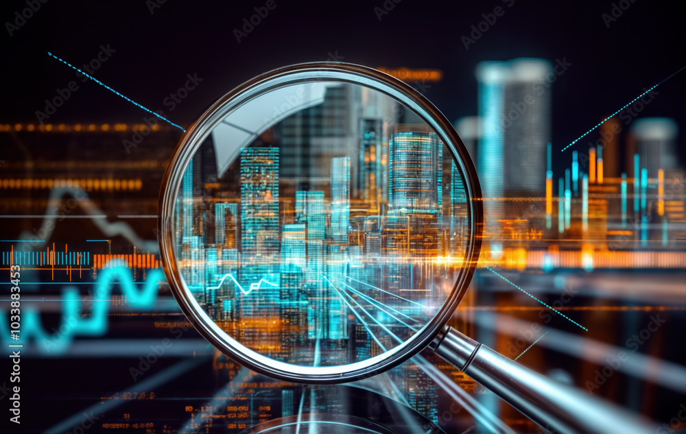 a magnified view of a cityscape through a magnifying glass, with various digital elements and lines overlaying the scene. a magnified view of a cityscape through a magnifying glass, with various digital elements and lines overlaying the scene.