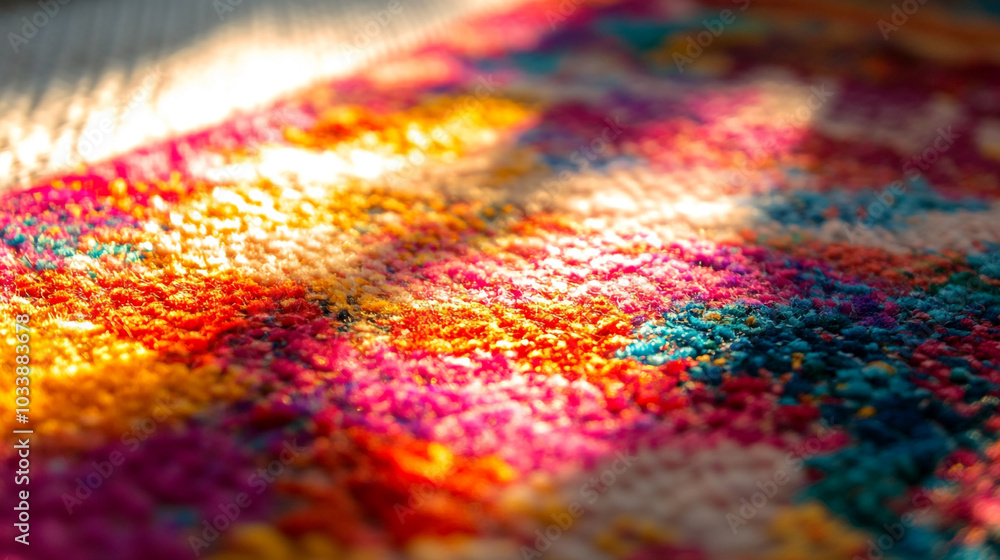 Fototapeta premium Colorful textile rug with intricate patterns illuminated by warm sunlight in a cozy room