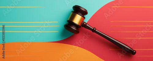A judge's gavel resting on a colorful background, symbolizing justice and authority.