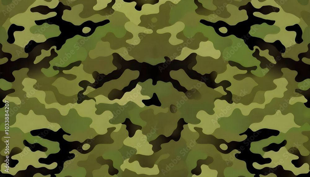 Fototapeta premium An abstract camouflage pattern in shades of green, featuring various shapes and textures blending seamlessly. The design evokes a sense of nature and military aesthetics, creating depth and intrigue