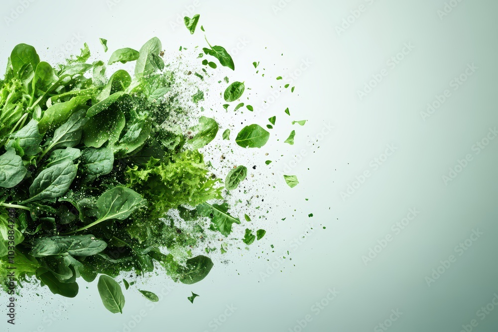 Vibrant green leaves exploding in a dynamic composition, showcasing the freshness and vitality of nature's bounty. Vibrant green leaves exploding in a dynamic composition, showcasing the freshness and vitality of nature's bounty.
