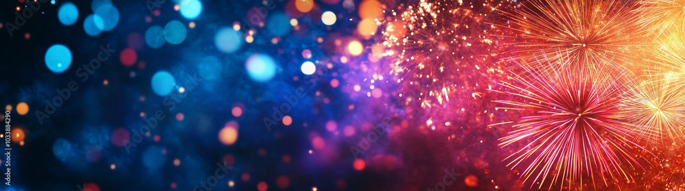 A vibrant fireworks display bursts alongside glowing bokeh lights, creating a festive atmosphere with bright colors and shimmering sparks in the night sky A vibrant fireworks display bursts alongside glowing bokeh lights, creating a festive atmosphere with bright colors and shimmering sparks in the night sky