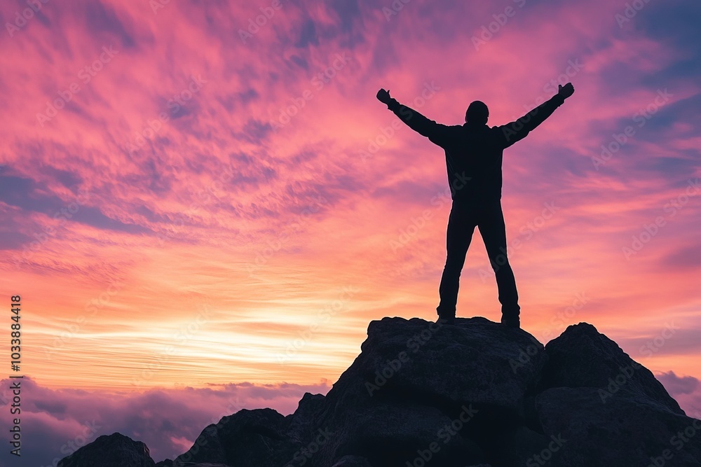 Silhouetted against a stunning sunset, a person stands with arms raised on a mountain, representing elation, freedom, and the awe-inspiring beauty of twilight. Silhouetted against a stunning sunset, a person stands with arms raised on a mountain, representing elation, freedom, and the awe-inspiring beauty of twilight.