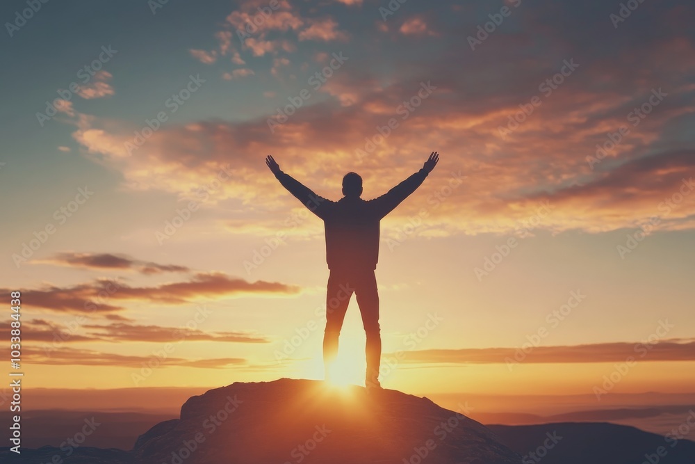 A man stands with raised arms atop a mountain during sunrise, embodying the spirit of adventure and triumph against a backdrop of colorful skies and vast horizon. A man stands with raised arms atop a mountain during sunrise, embodying the spirit of adventure and triumph against a backdrop of colorful skies and vast horizon.