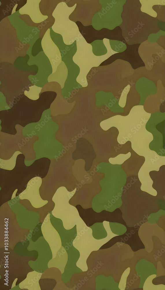 Fototapeta premium An abstract camouflage pattern in shades of green, featuring various shapes and textures blending seamlessly. The design evokes a sense of nature and military aesthetics, creating depth and intrigue