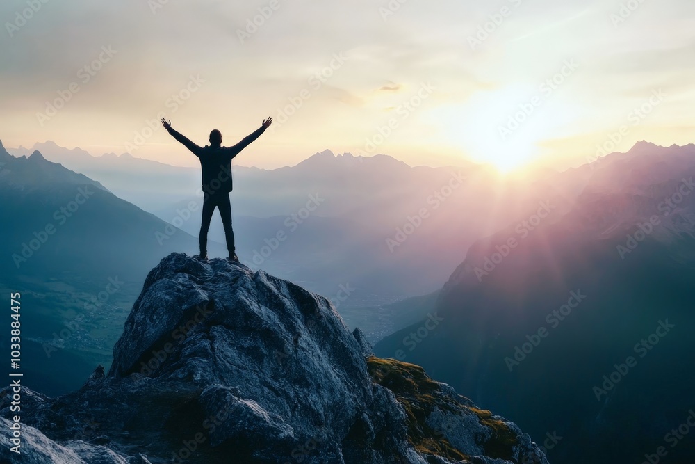 A silhouette of a man with arms raised, standing atop a mountain peak, gazing at the bright sunrise, capturing the essence of triumph and freedom. A silhouette of a man with arms raised, standing atop a mountain peak, gazing at the bright sunrise, capturing the essence of triumph and freedom.
