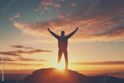 Wallpaper Mural A man stands with raised arms atop a mountain during sunrise, embodying the spirit of adventure and triumph against a backdrop of colorful skies and vast horizon. Torontodigital.ca