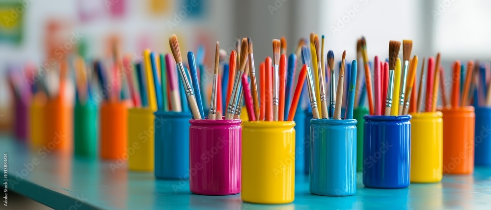 Colorful art supplies in vibrant cups arranged on a table, bright background. Colorful art supplies in vibrant cups arranged on a table, bright background.