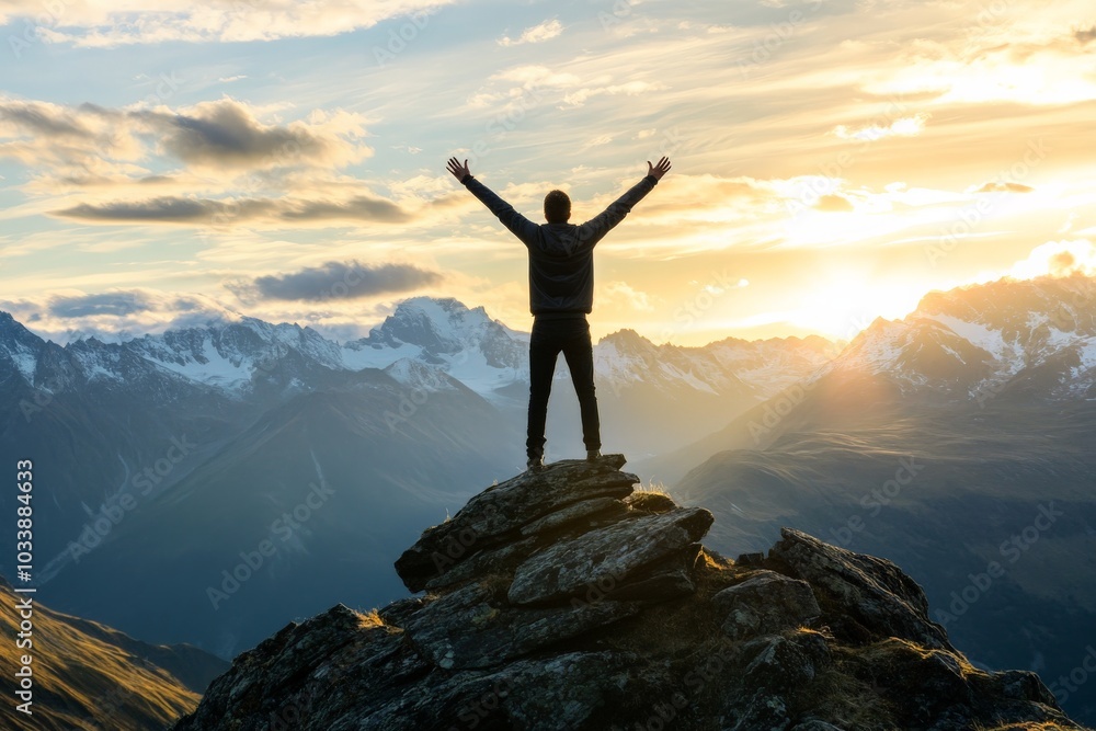 A man stands on a mountain peak, arms outstretched in triumph, gazing at a stunning sunrise over a range of majestic mountains, symbolizing adventure and fulfillment. A man stands on a mountain peak, arms outstretched in triumph, gazing at a stunning sunrise over a range of majestic mountains, symbolizing adventure and fulfillment.