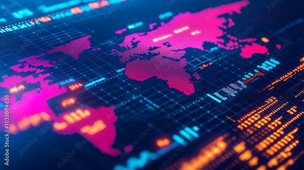 Fototapeta premium Colorful digital world map with glowing data visualizations, dark background.