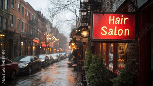 A rainy evening street scene with cars parked alongside old-town architecture, featuring a brightly lit Hair Salon sign hanging on a brick wall