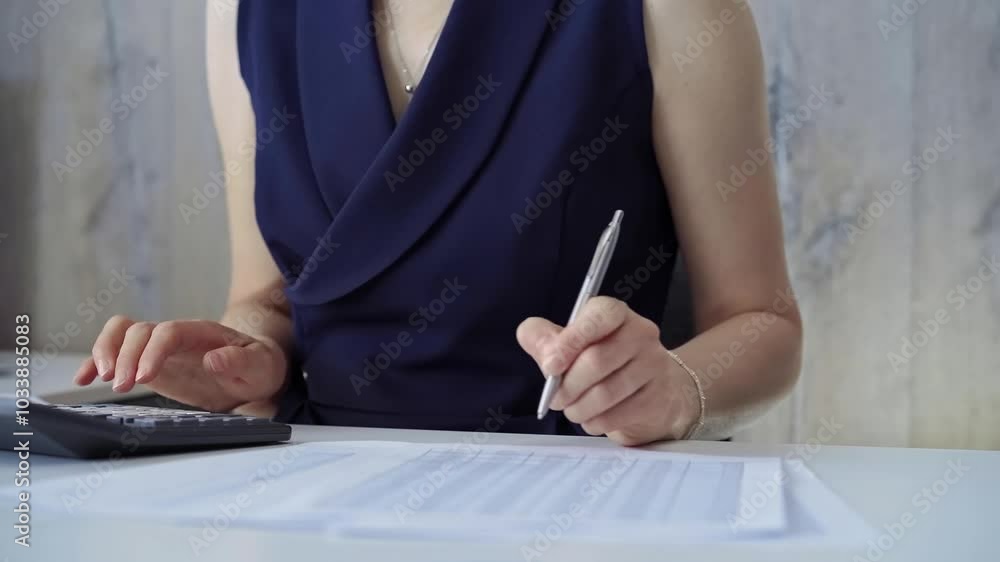 Businesswoman with blue dress is using dark calculator and taking notes in her office. Taxes and audit in business Businesswoman with blue dress is using dark calculator and taking notes in her office. Taxes and audit in business