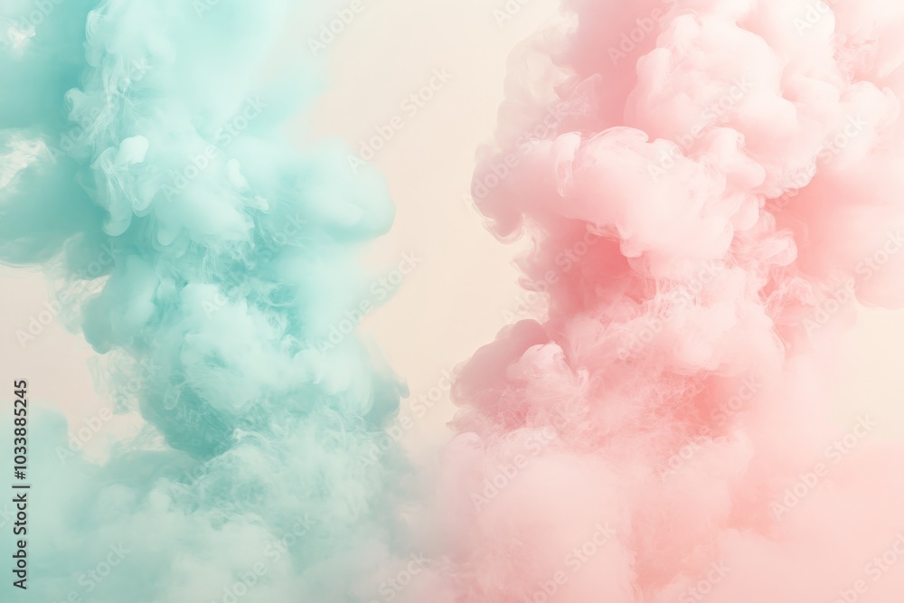 Naklejka premium Mint green and soft pink smoke rises vertically, forming spectacular columns of color that offer a striking visual display, juxtaposing vitality against a gentle backdrop.