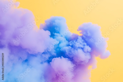 A mesmerizing cloud of vibrant purple and blue hues contrasts with a serene yellow backdrop, creating a striking balance of color and fluidity in visual motion. photo