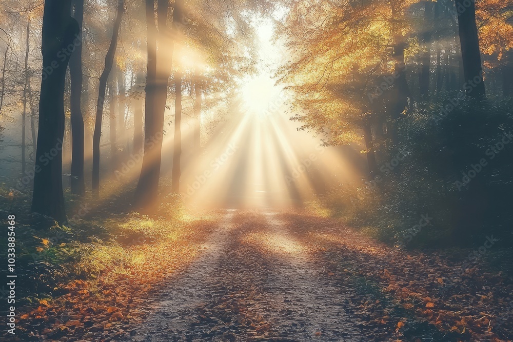 Obraz premium Forest road or trail in central India showing the Tyndall effect with canopy of trees and warm feel in cold winter morning fog or mist